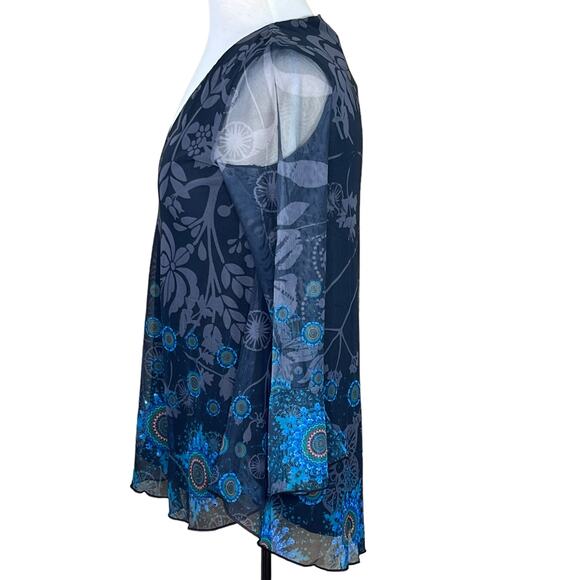 Desigual Women’s Sheer Mesh Top with Printed Design & Rhinestones Lined Fits S-M - Picture 6 of 11